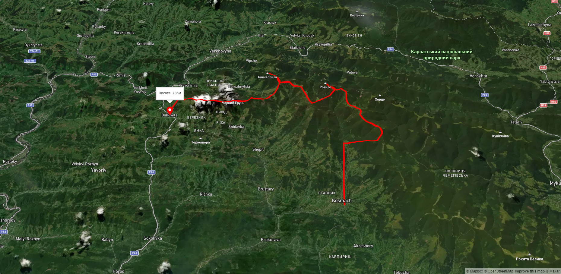 с. Космач, через г. Ротило, г. Грегіт, г. Біла Кобила до с.Буковець