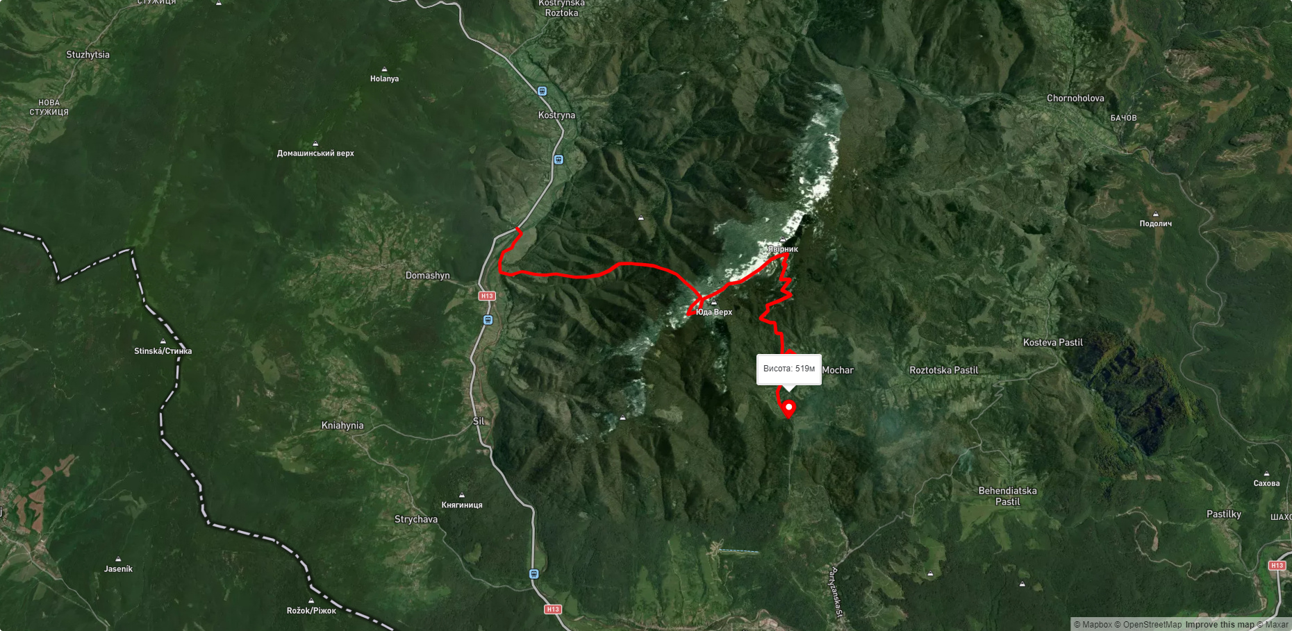 с. Кострина, через г. Явірник до с. Руський Мочар