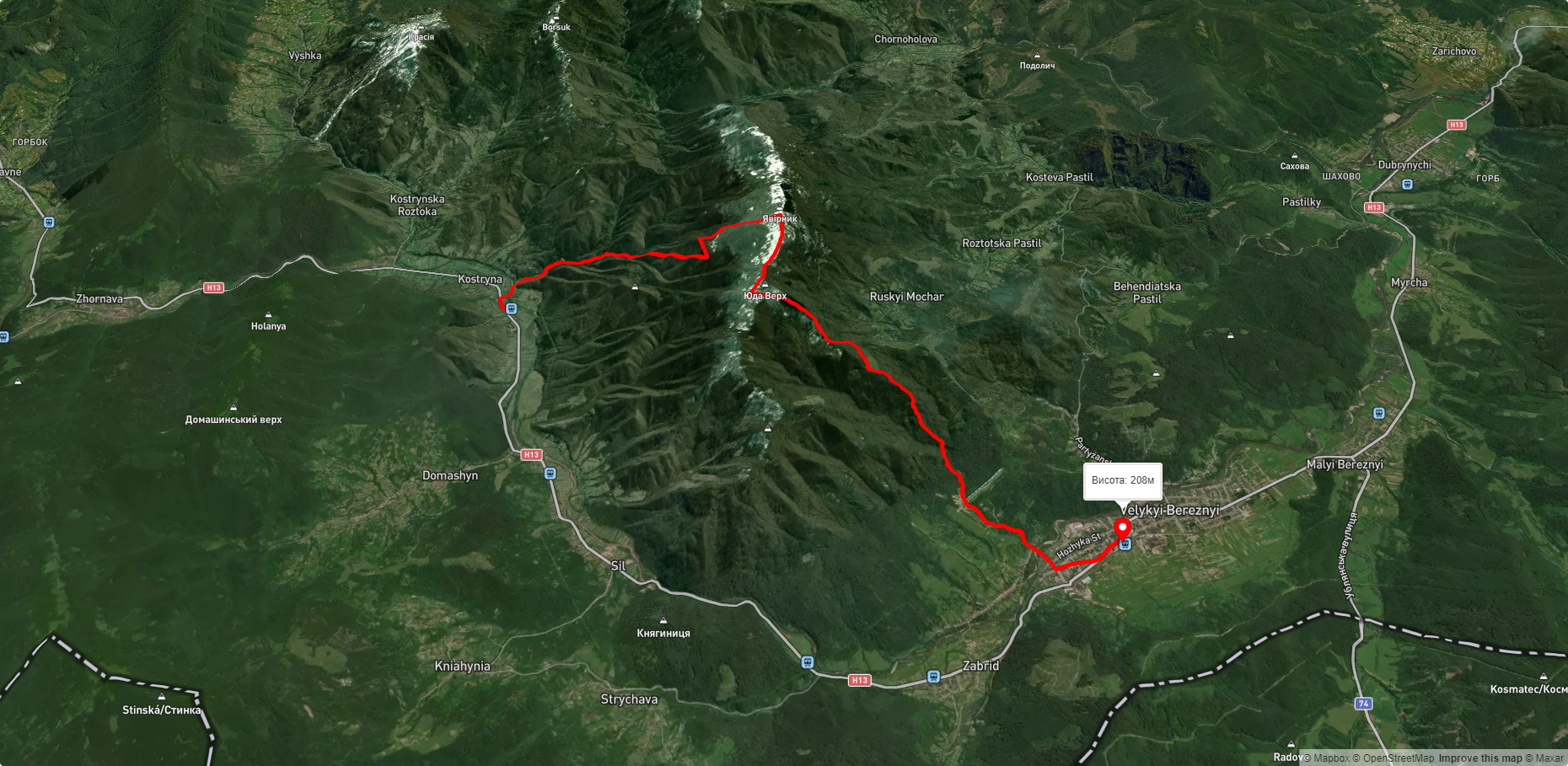 с. Кострина, через г. Явірник до с. Великий Березний