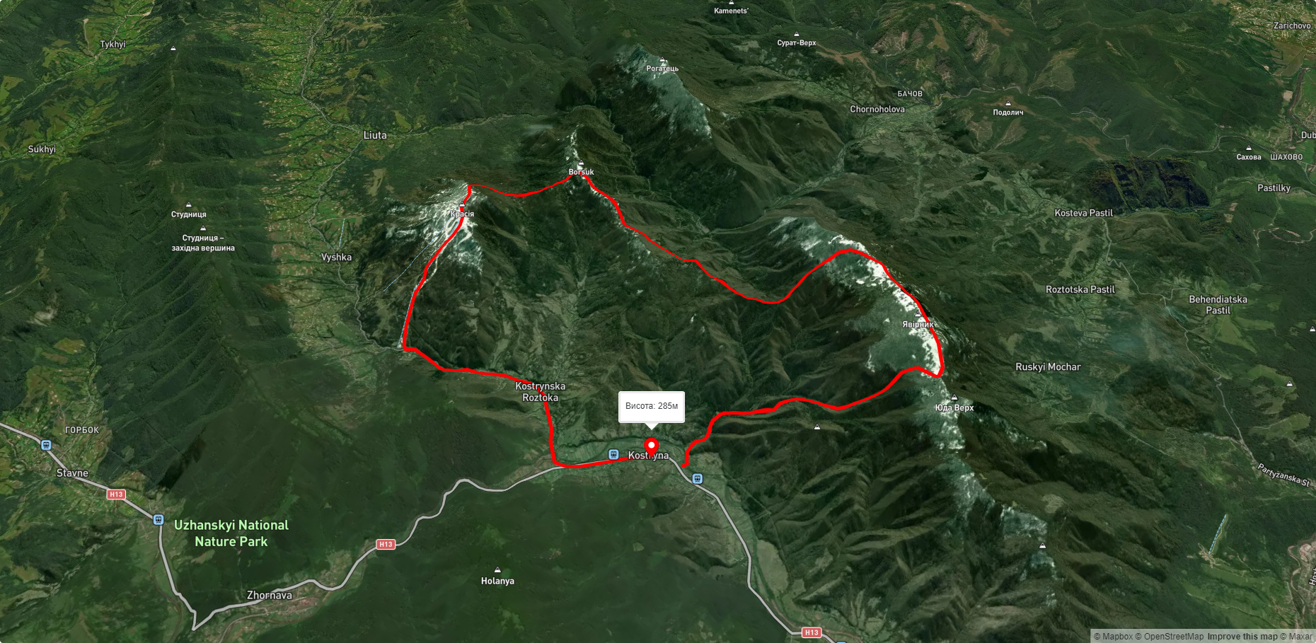 с. Кострина, через г. Явірник, г. Красія, с. Костринська Розтока до с. Кострина