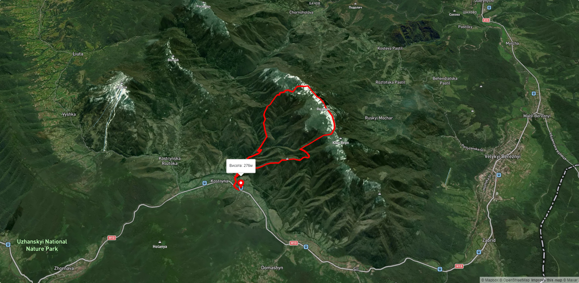 с. Кострина, через г. Явірник, ур. Бацова Яма до с. Кострина