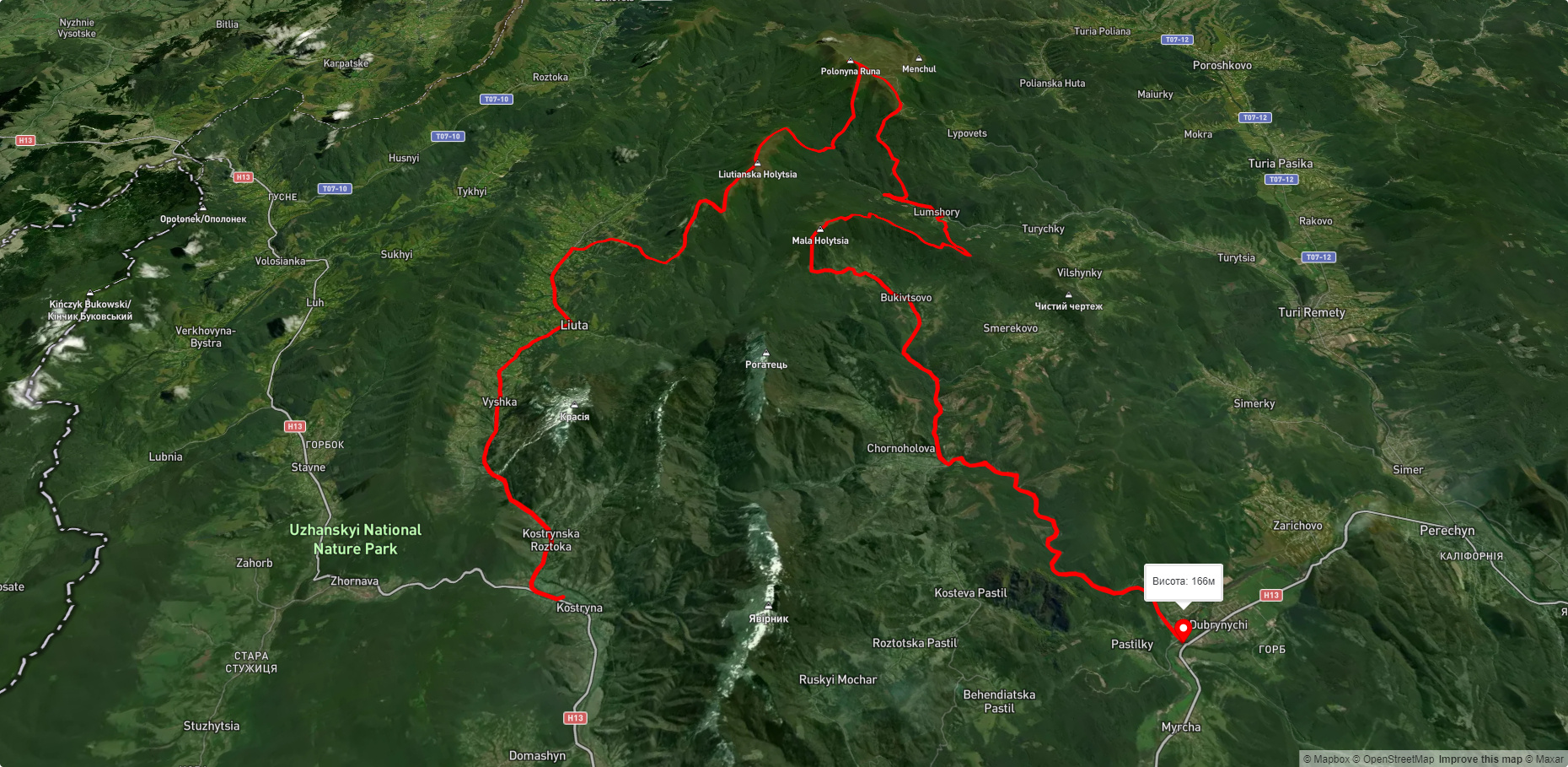 с. Кострина, через с. Вишка, с. Люта, г. Лютянская Голица, пол. Руна, до с. Пастілки