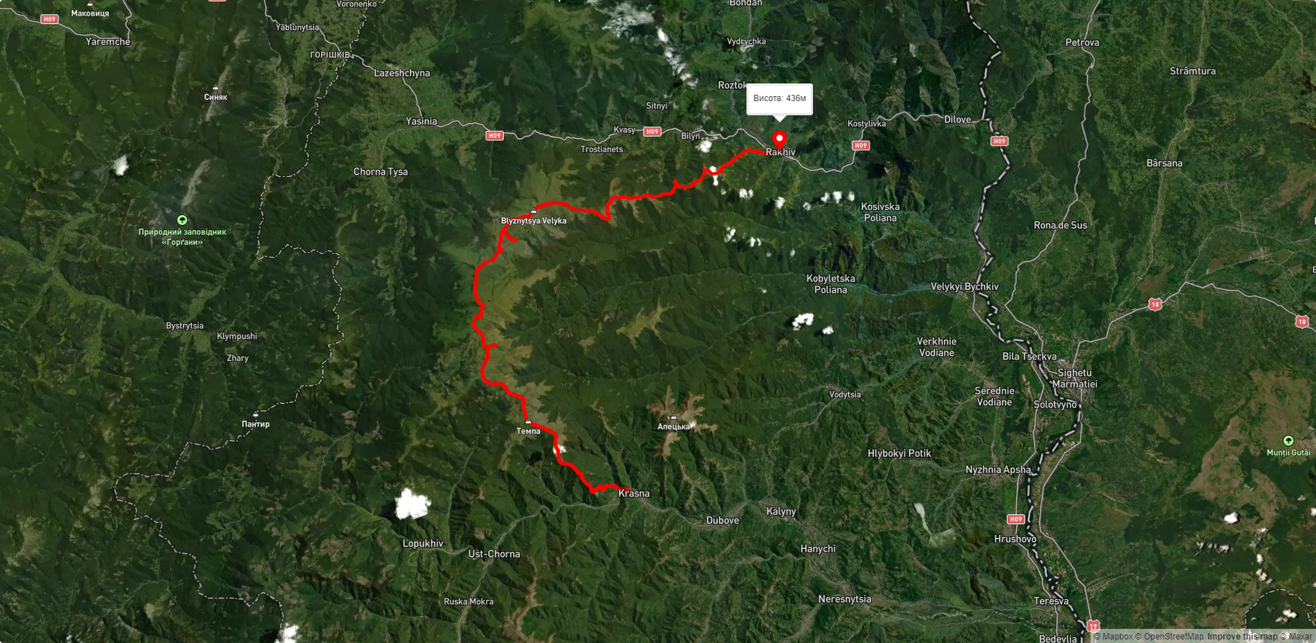 с. Красна, через г. Темпа, г. Трояска, г. Близниця до м. Рахів