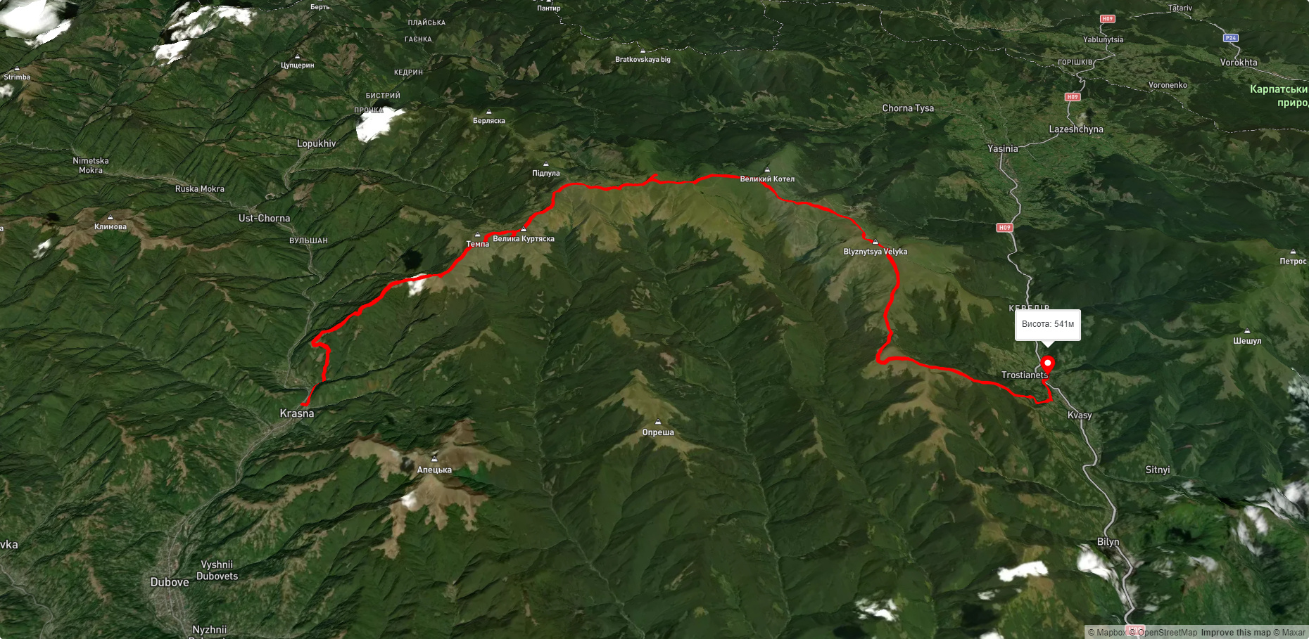 с. Красна, через г. Темпа, г. Унгаряска, г. Великий Котел, г. Близниця до с. Кваси