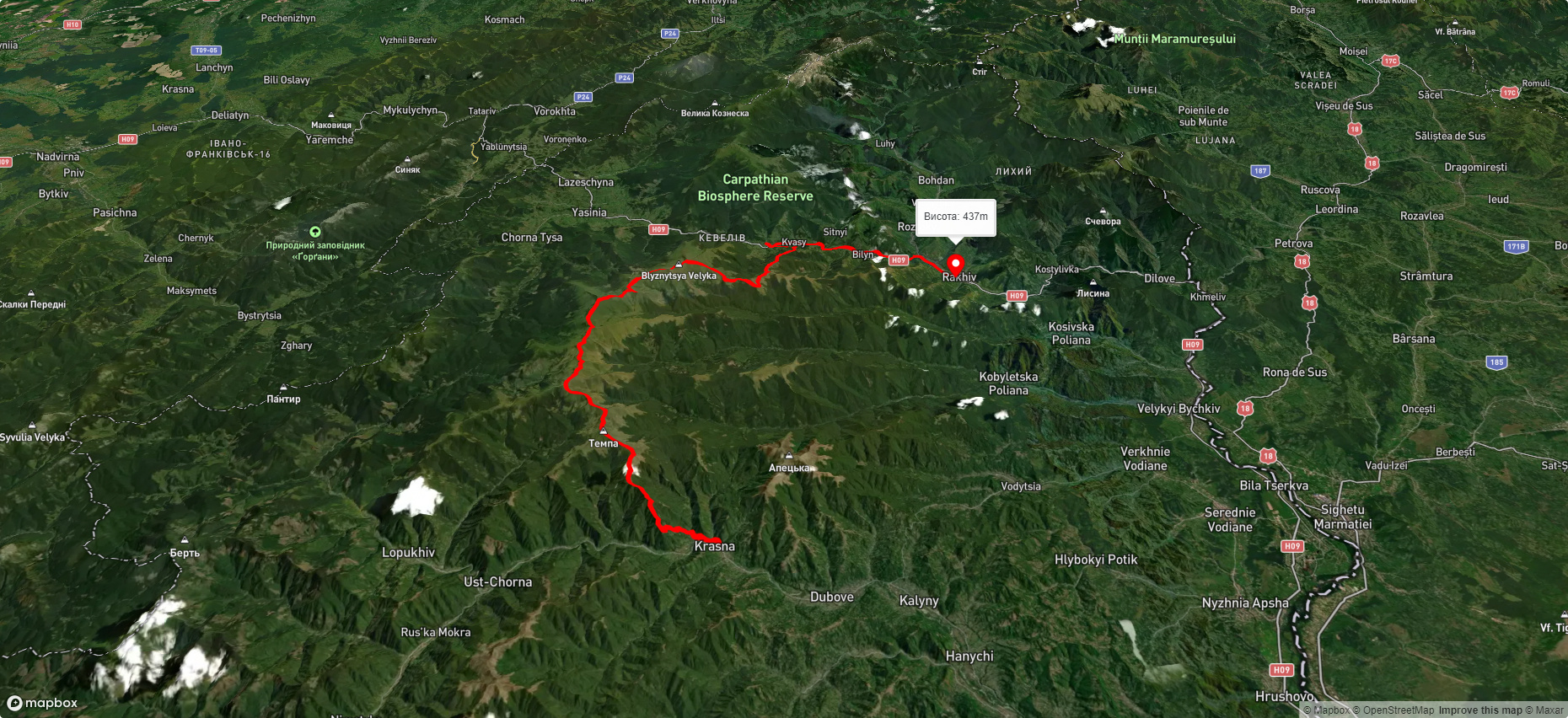 Маршрут: с. Красна, через хр. Свидовець до м. Рахів
