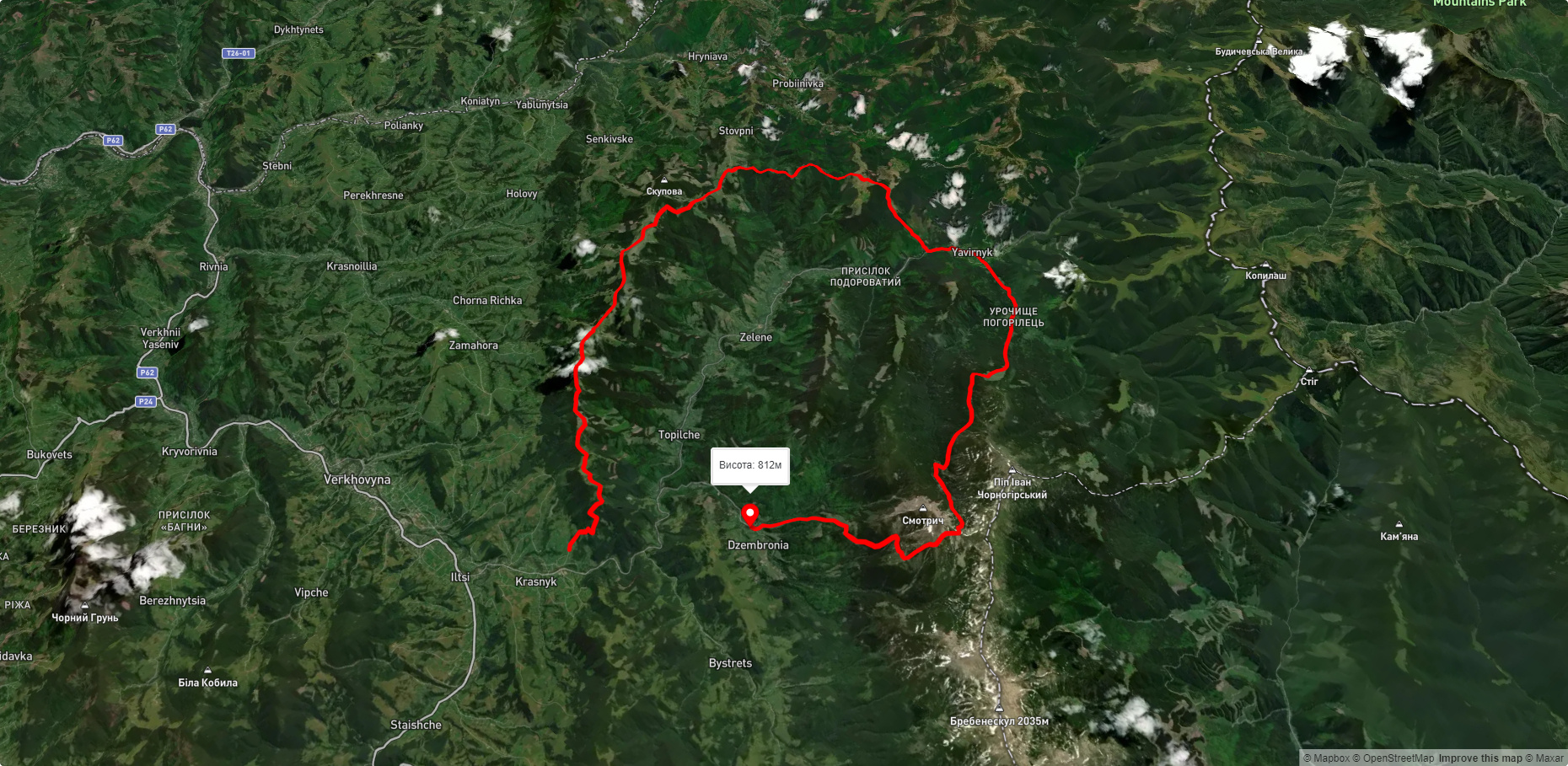 с. Красник, через г. Кринта, г. Зміїнська, с. Шибене, пол. Веснарка, оз. Марічейка до с. Дземброня