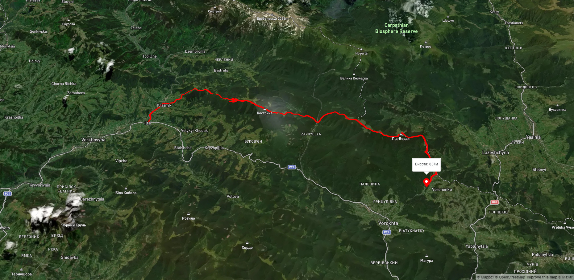 с. Красник, через хр. Кострич, г. Кукул до с. Вороненко