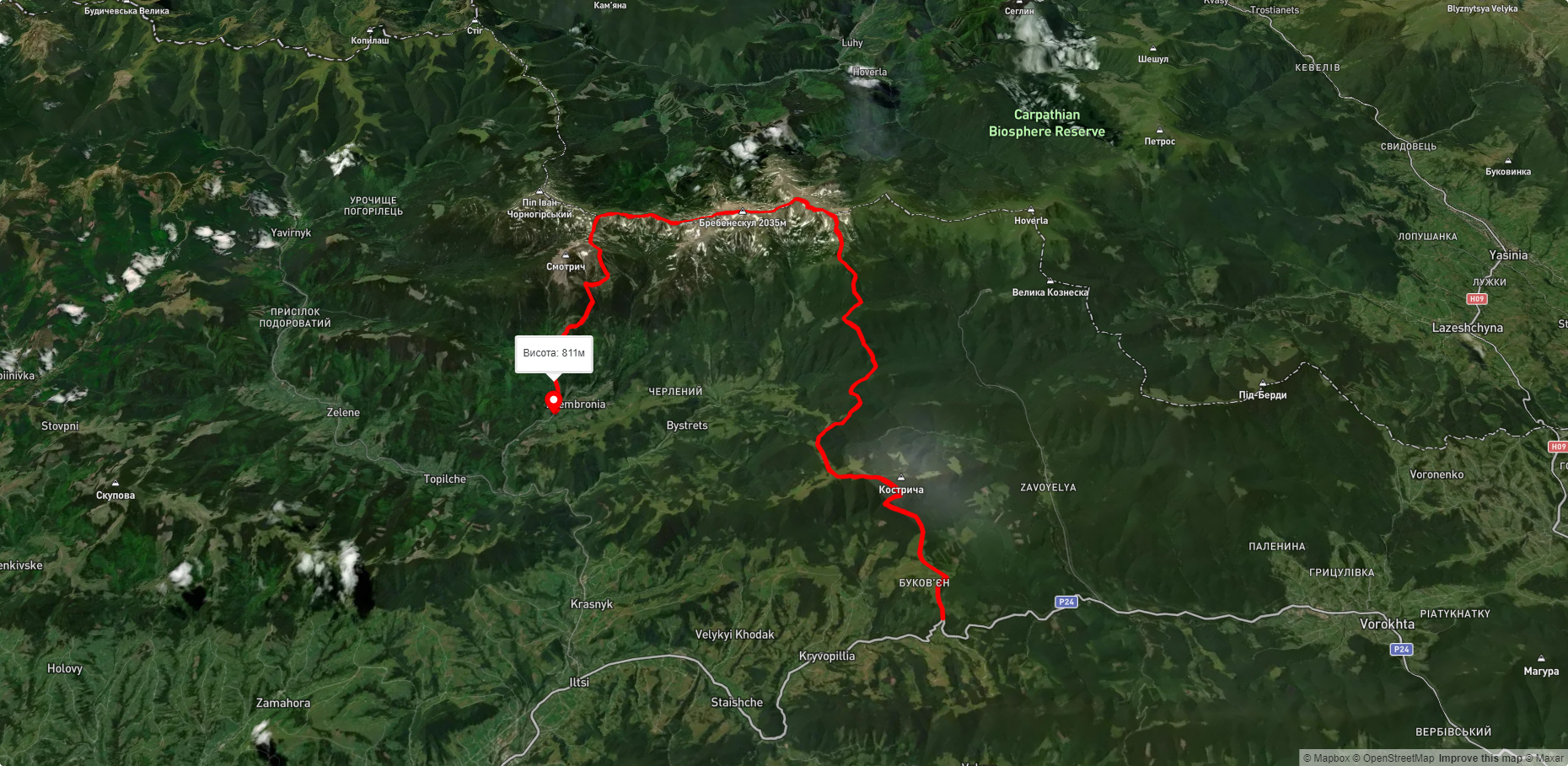 с. Кривопілля, через г. Ребра, г. Бребенескул до с. Дземброня