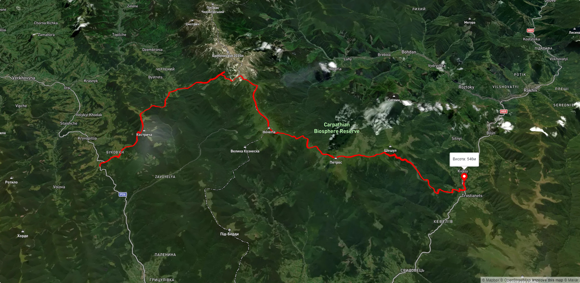 с. Кривопілля, через г. Туркул, г. Говерла, г. Петрос до с. Кваси