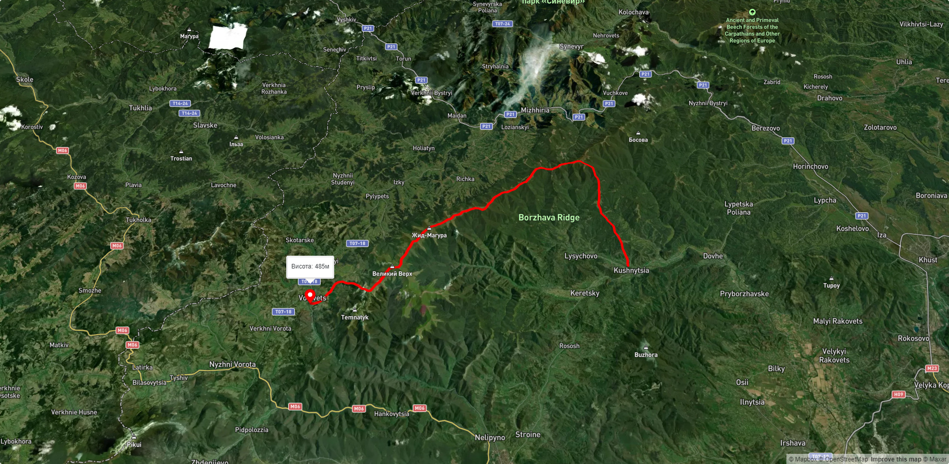 с. Кушниця, через Полонину Кук, г. Широкий Верх, г. Жид-Магура, г. Великий Верх, г. Плай до смт. Воловець