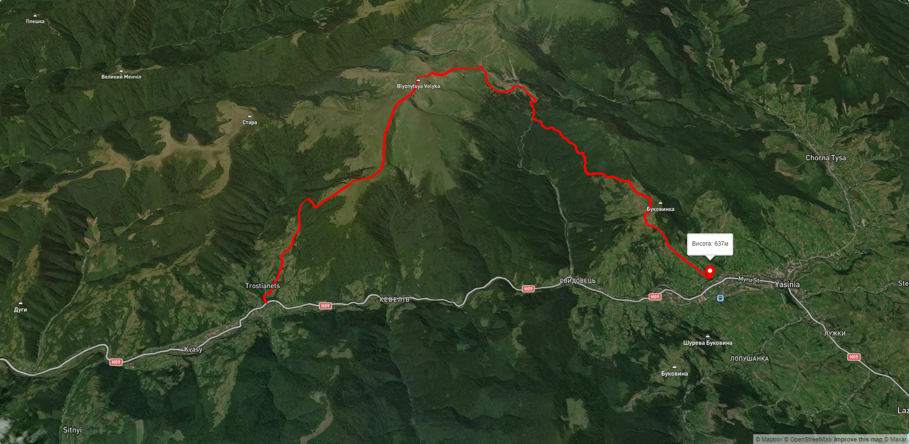 с. Кваси, через г. Близниця, Драгобрат до смт. Ясіня