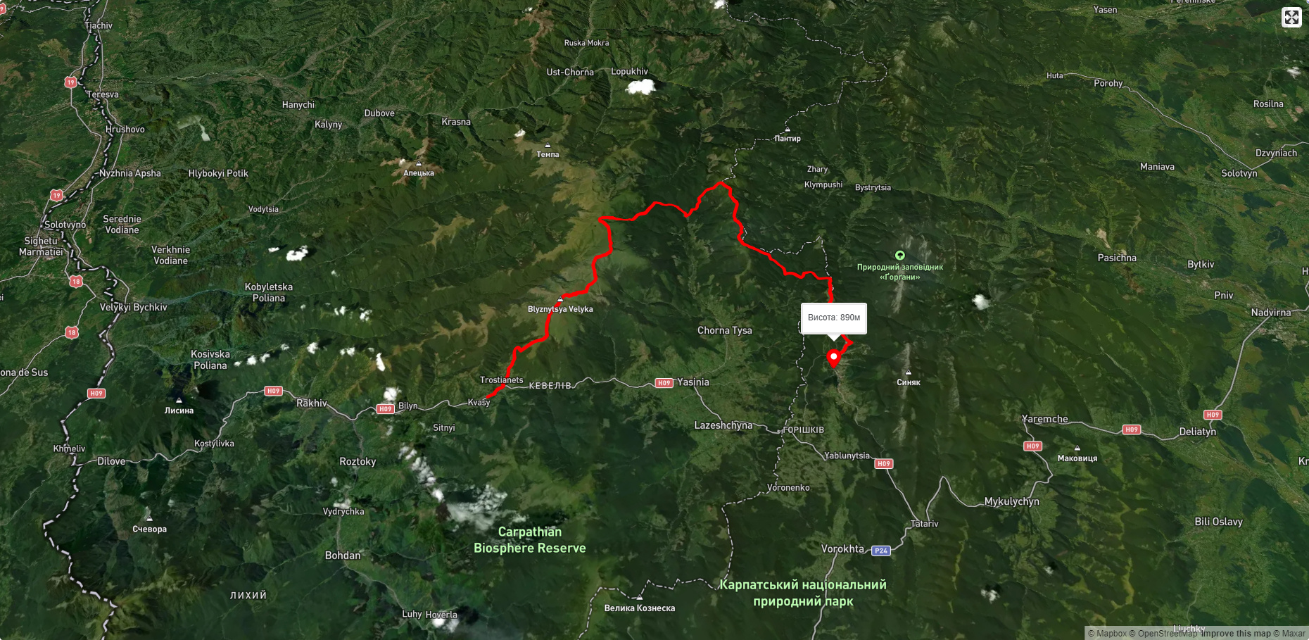 с. Кваси, через г. Близниця, г. Братківська, г. Чорна Клева до с. Поляниця