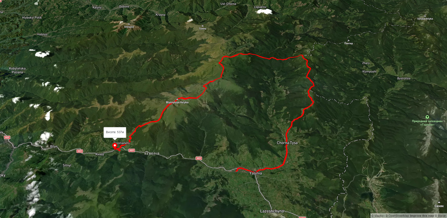 с. Кваси, через г. Близниця, г. Братківська, г. Чорна Клева, с. Чорна Тиса до смт. Ясіня