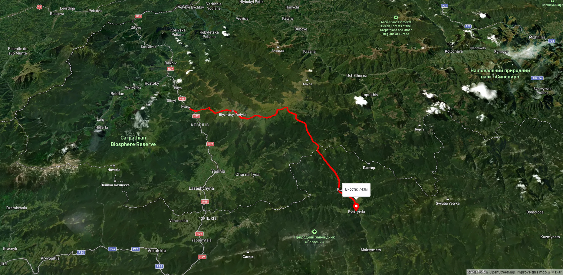 с. Кваси, через г. Близниця, г. Трояска, г. Братківська, с. Климпуші до с. Бистриця