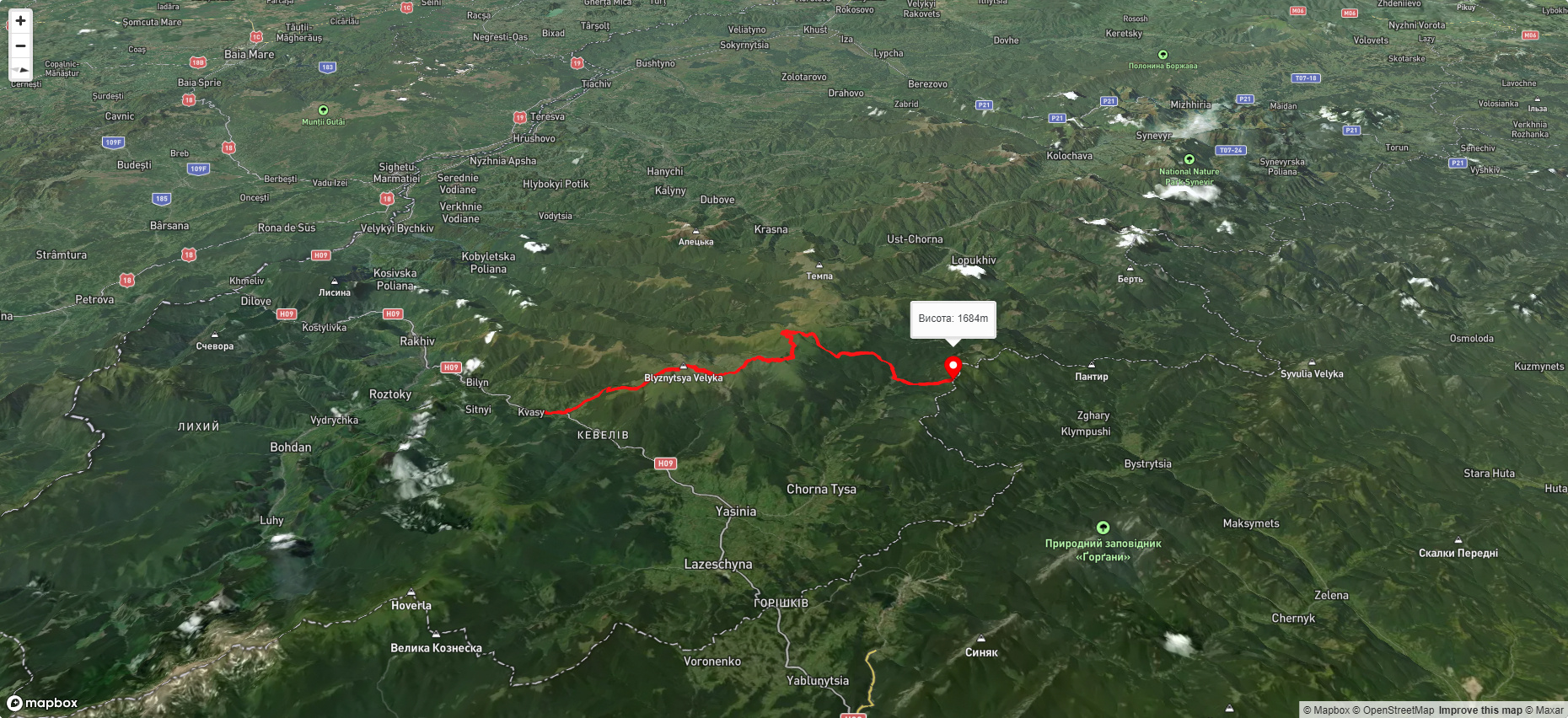 с. Кваси, через г. Близниця, г. Великий Котел, г. Догяска до Яблунецького перевалу