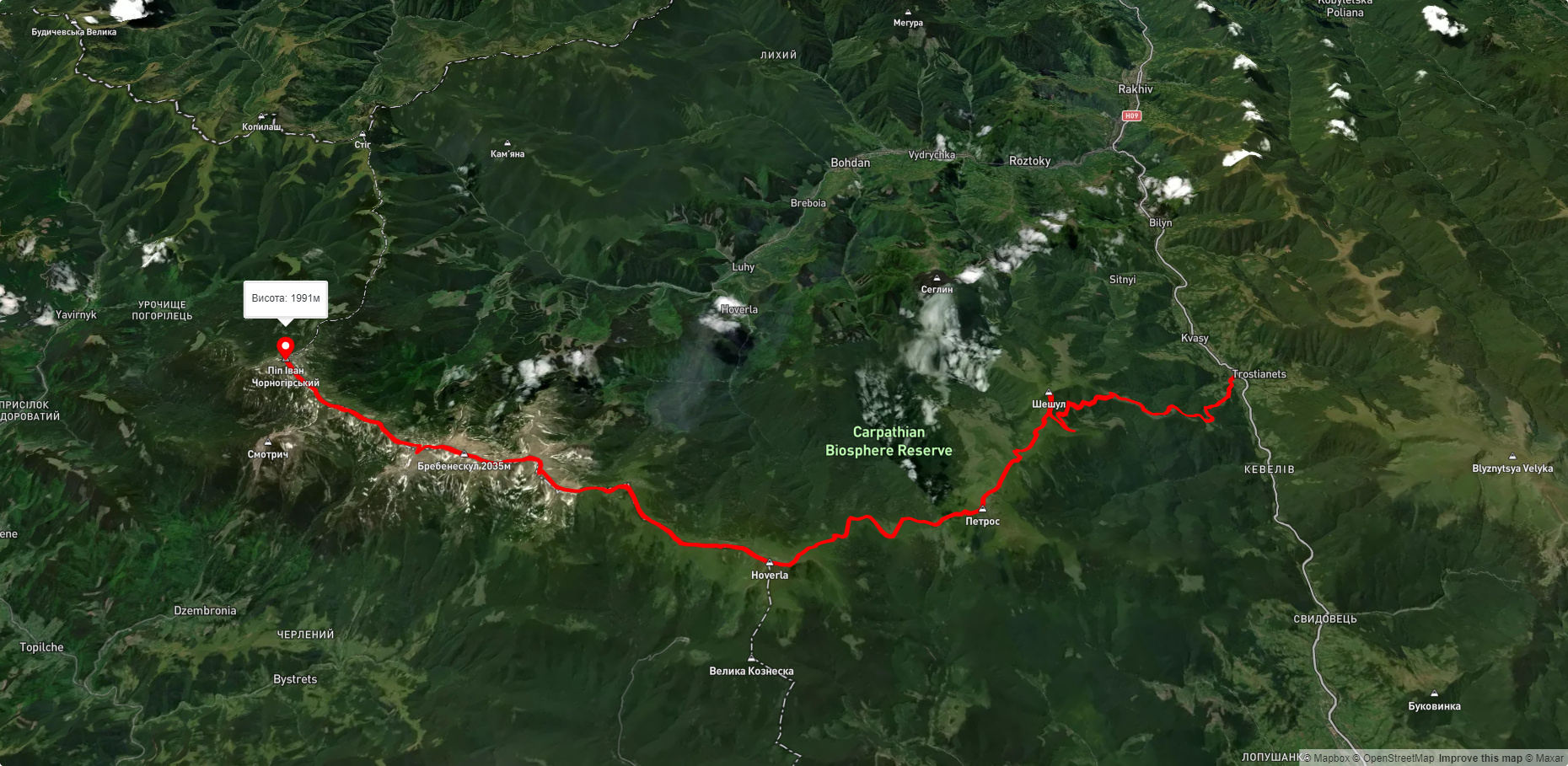 с. Кваси, через г. Петрос, г. Говерла до г. Піп Іван Чорногірський