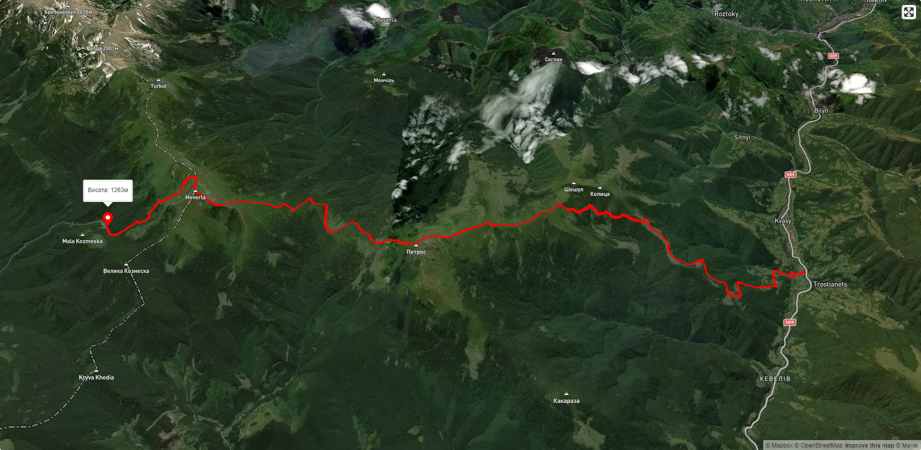 с. Кваси, через г. Петрос, г. Говерла до турбази 'Заросляк'