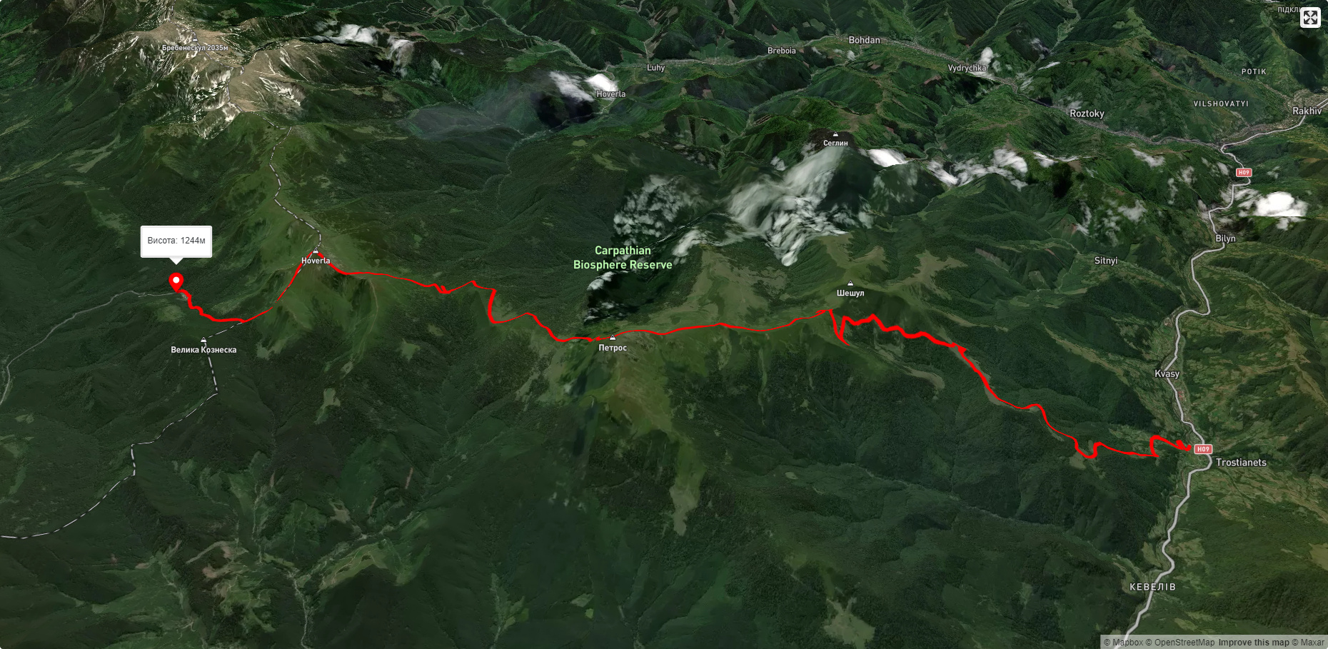 с. Кваси, через г. Петрос, г. Говерла до турбази 'Заросляк'