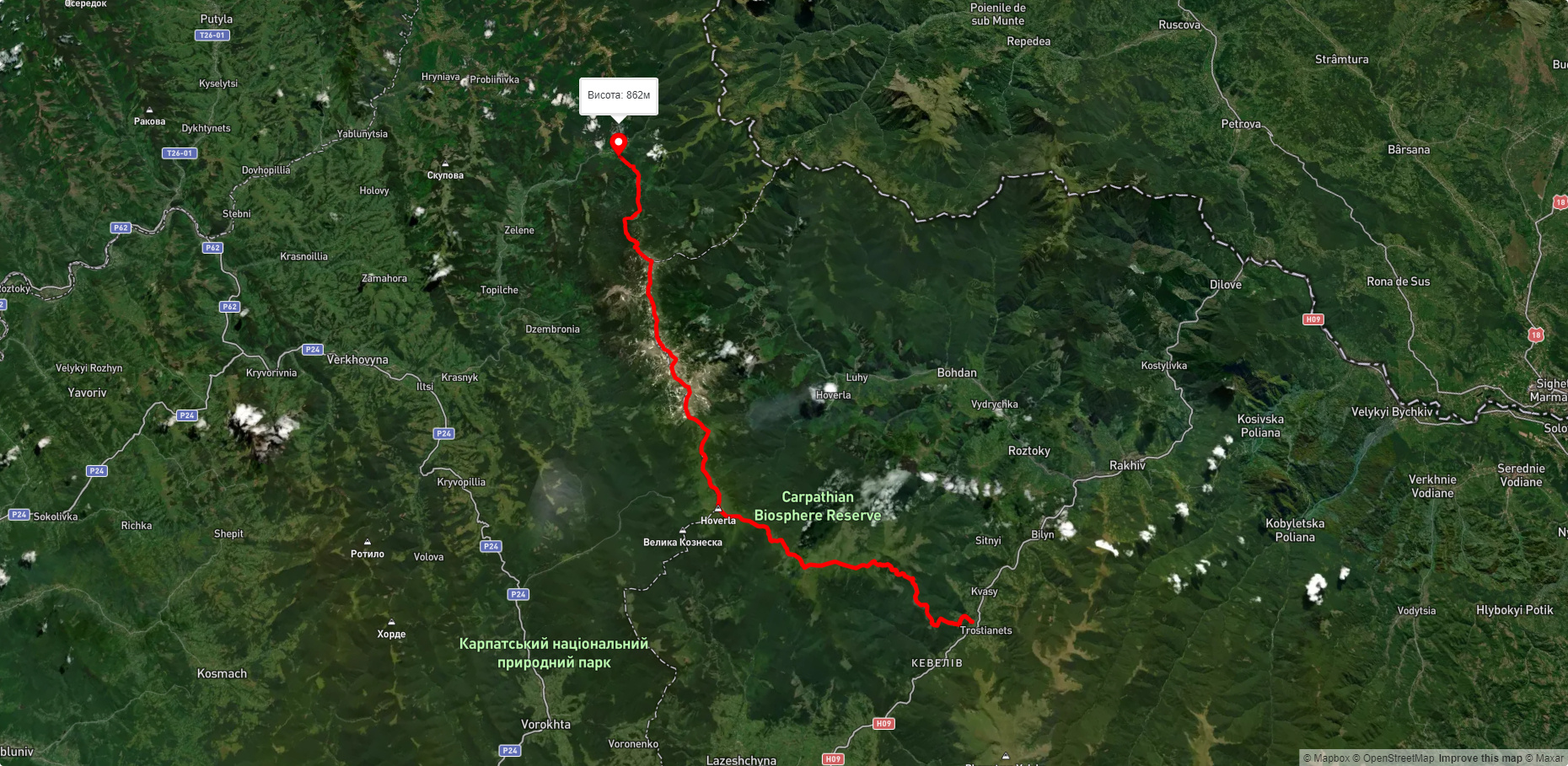 с. Кваси, через г. Петрос, г. Говерла, г. Бребенескул, г. Піп Іван Чорногірський до с. Шибене