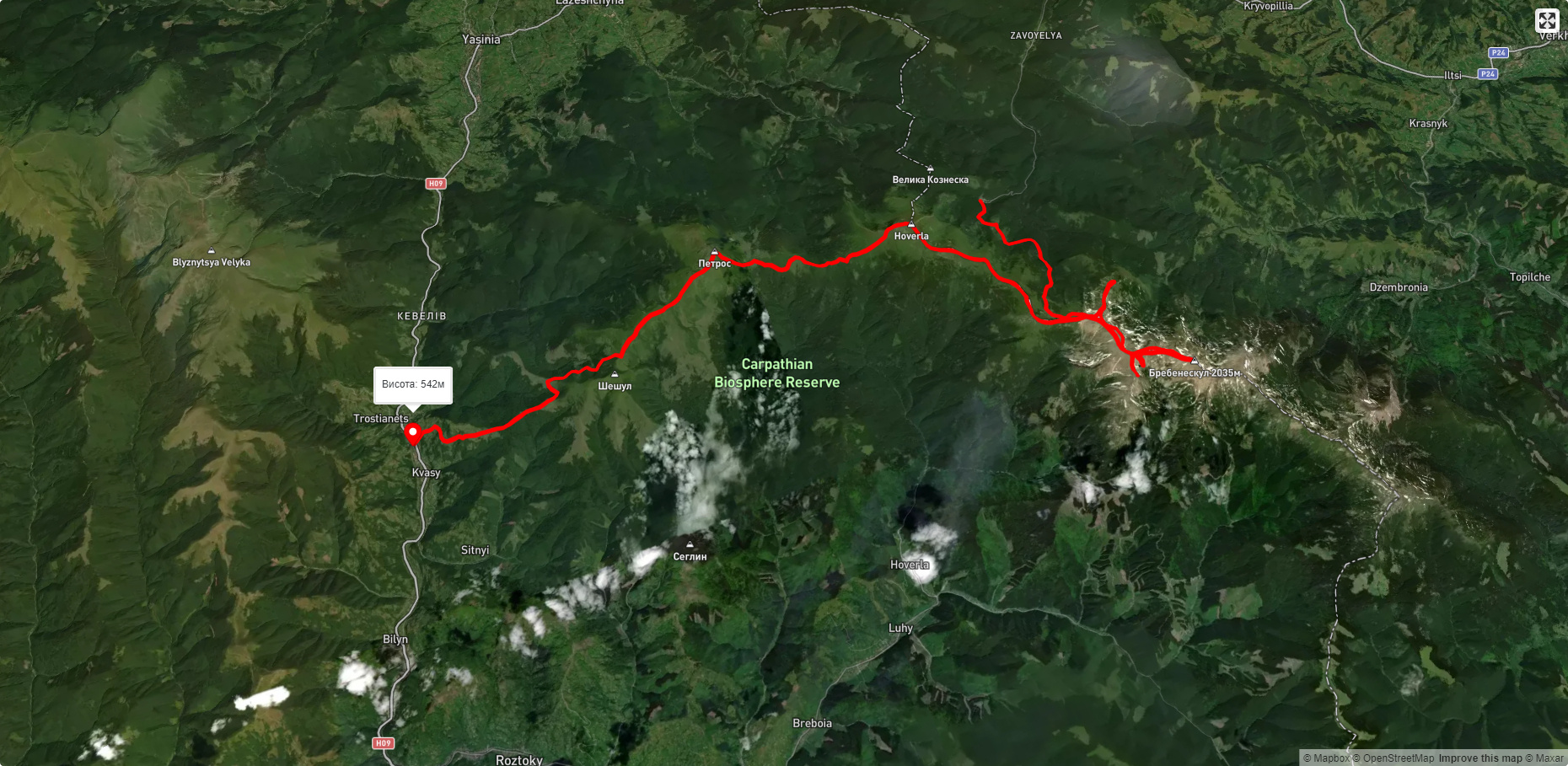 с. Кваси, через г. Петрос, г. Говерла, г. Бребенескул, г. Шпиці до турбази 'Заросляк'