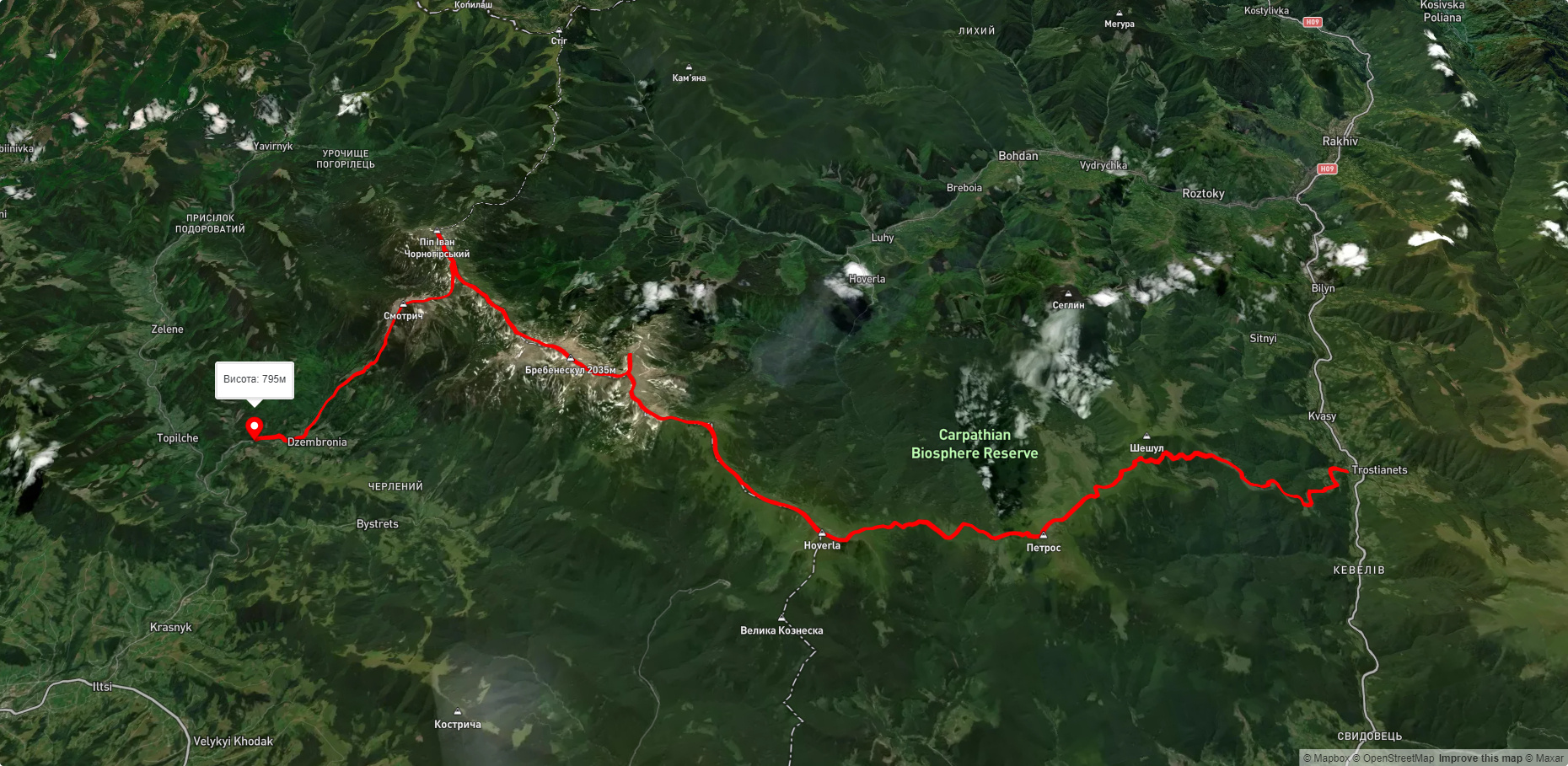 с. Кваси, через г. Петрос, г. Говерла, г. Брескул, г. Піп Іван Чорногірський до с. Дземброня