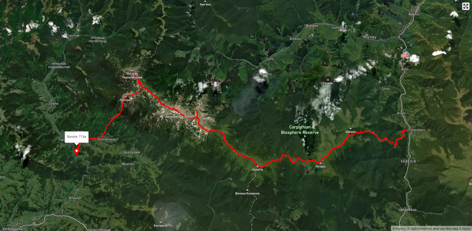 с. Кваси, через г. Петрос, г. Говерла, г. Піп Іван Чорногірський до с. Дземброня
