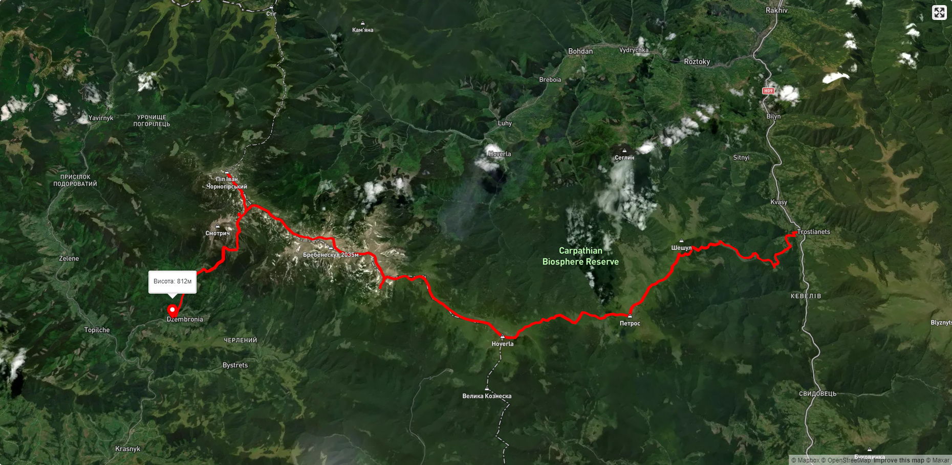 с. Кваси, через г. Петрос, г. Говерла, г. Піп Іван Чорногірський до с. Дземброня