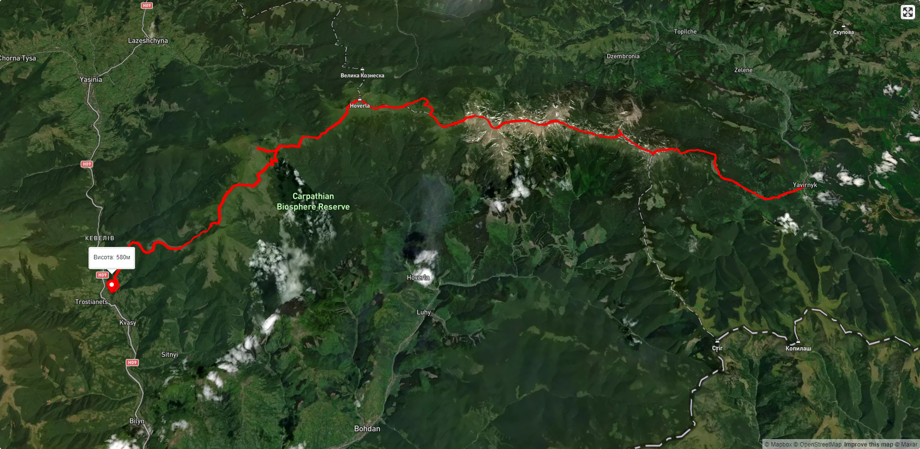 с. Кваси, через г. Петрос, г. Говерла, г. Піп Іван Чорногірський до с. Шибене