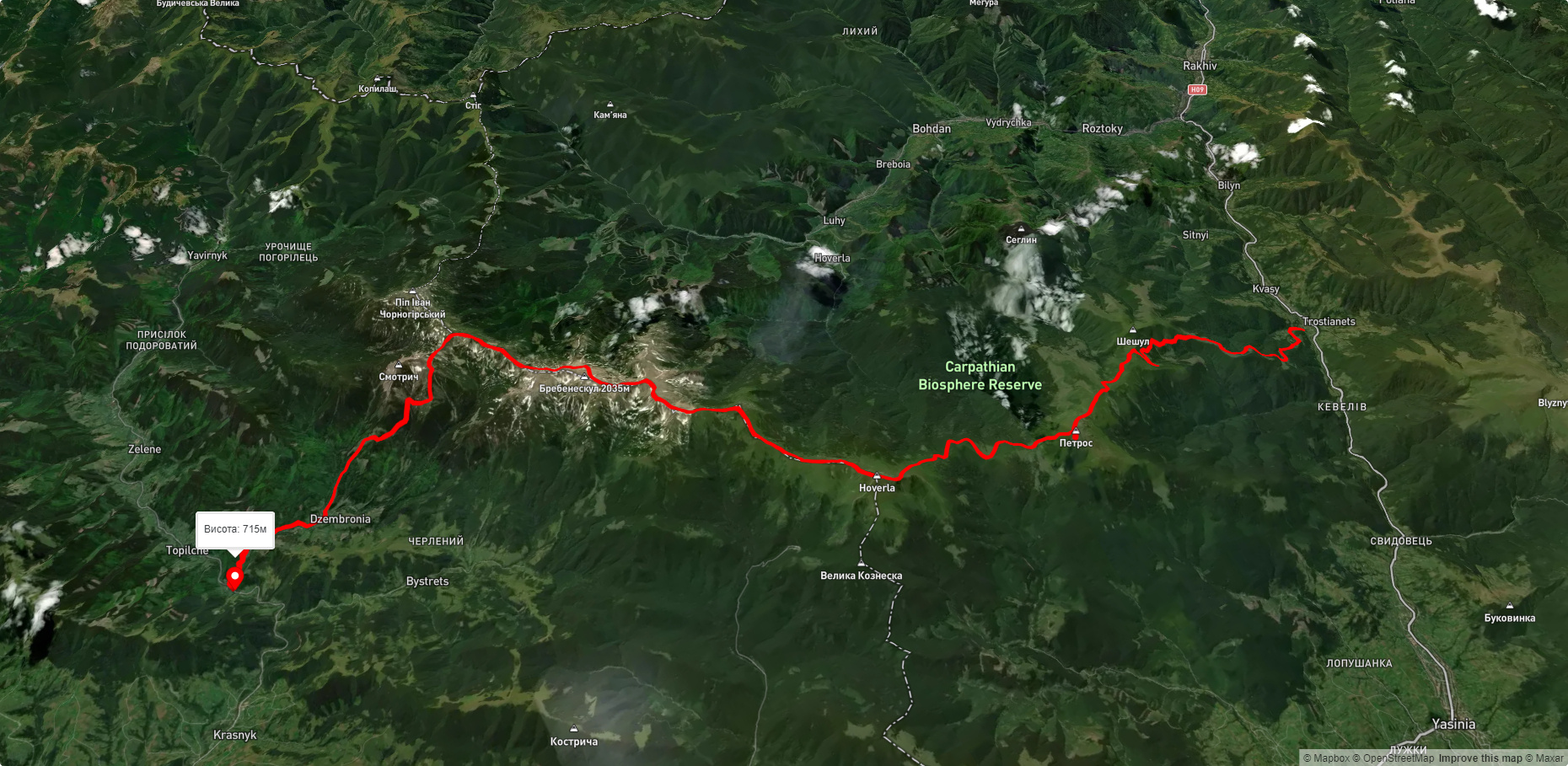 с. Кваси, через г. Петрос, г. Говерла, г. Ребра, г. Дземброня до с. Топольче