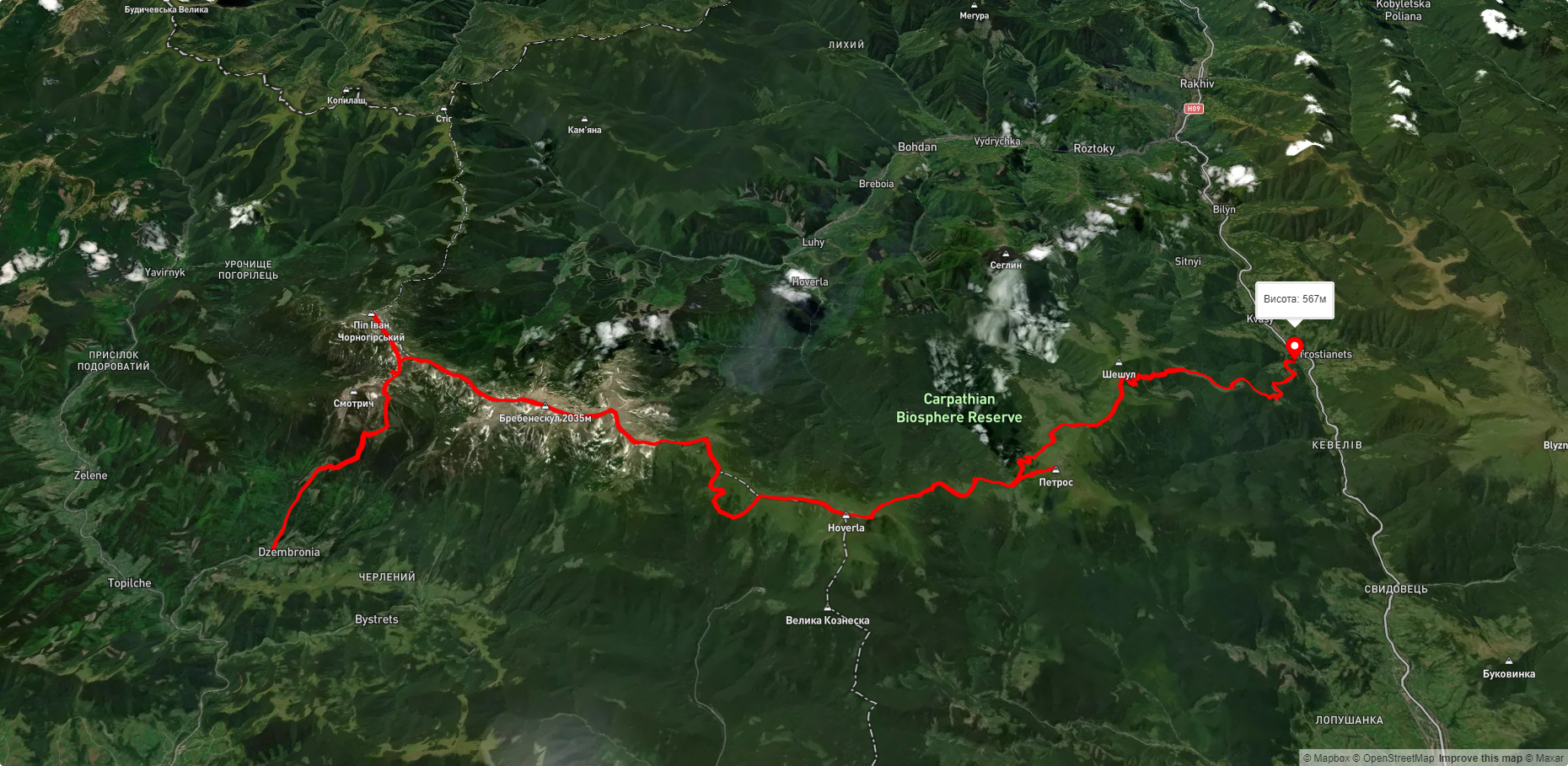 с. Кваси, через г. Петрос, г. Говерла, г. Ребра, г. Піп Іван Чорногірський до с. Дземброня