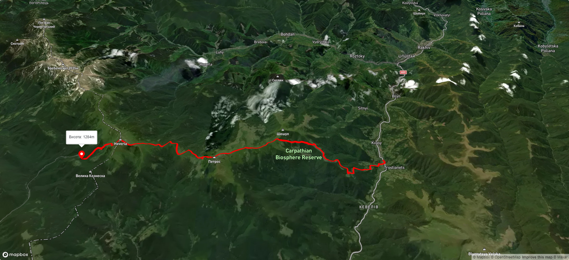 с. Кваси, через г. Петрос, г. Говерла, Говерлянський вдсп. до турбази 'Заросляк'