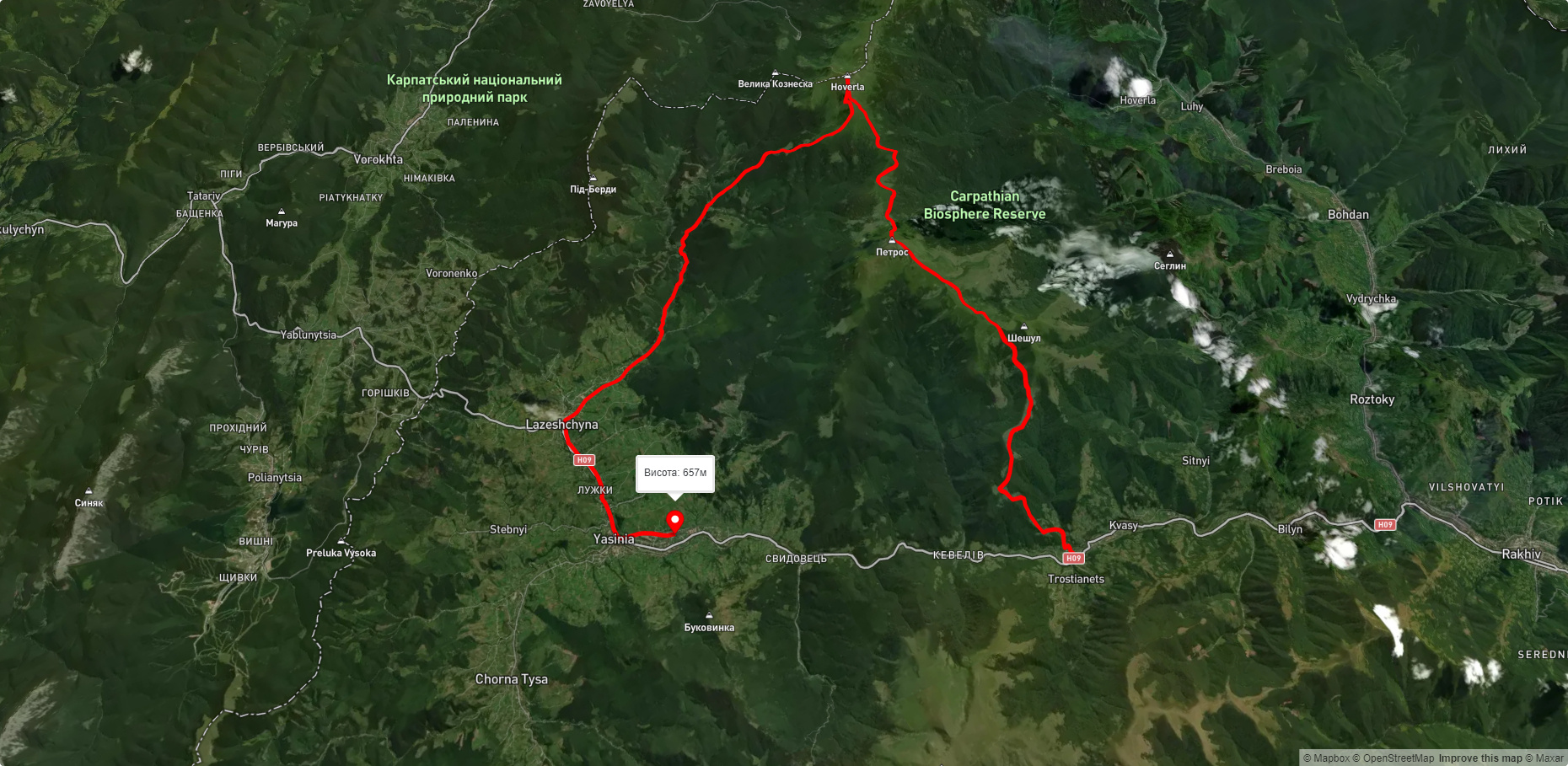 с. Кваси, через г. Петрос, г. Говерла, Козьмещик, с. Лазещина до смт. Ясіня