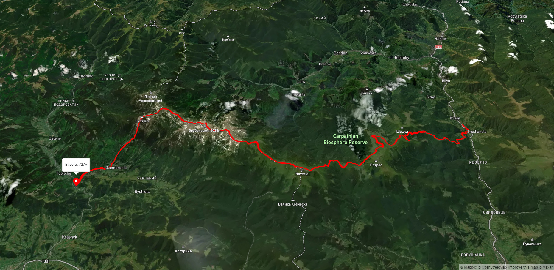 с. Кваси, через г. Петрос, г. Говерла, оз. Несамовите, г. Бребенескул, г. Смотрич до с. Дземброня