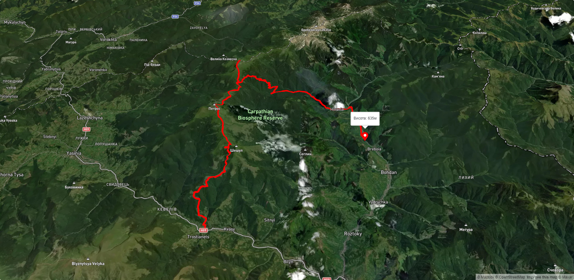 с. Кваси, через г. Петрос, г. Говерла, с. Говерла до с. Луги