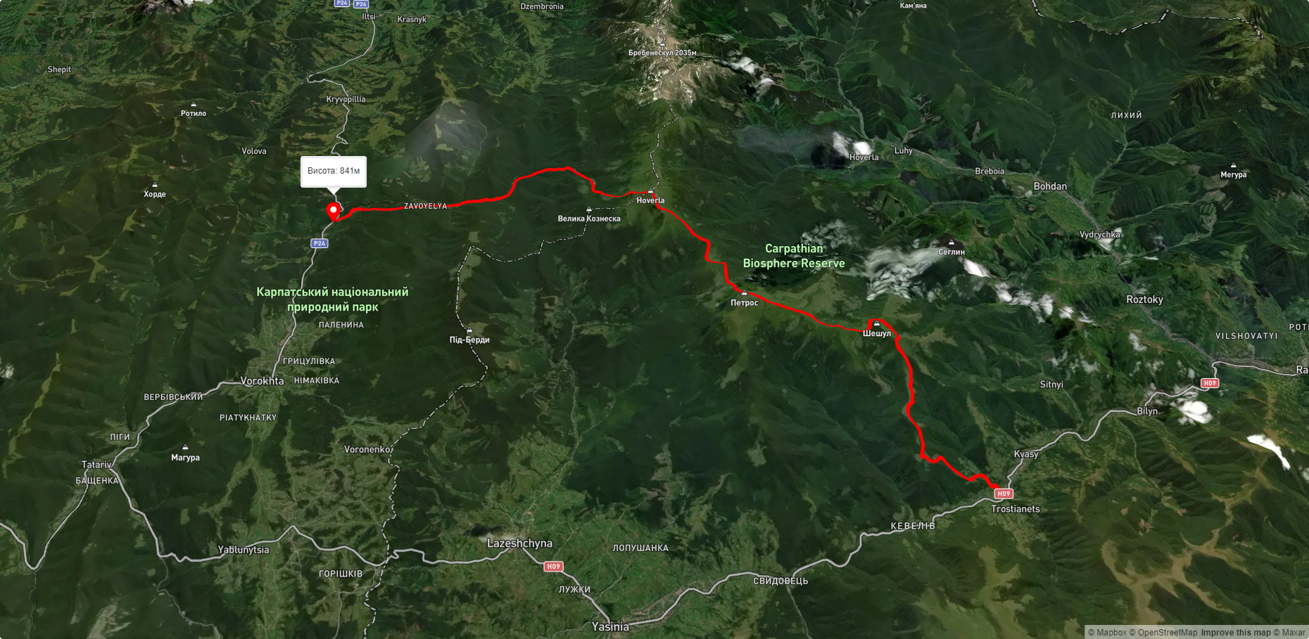 с. Кваси, через г. Петрос, г. Говерла, турбазу 'Заросляк' до дороги на Ворохту