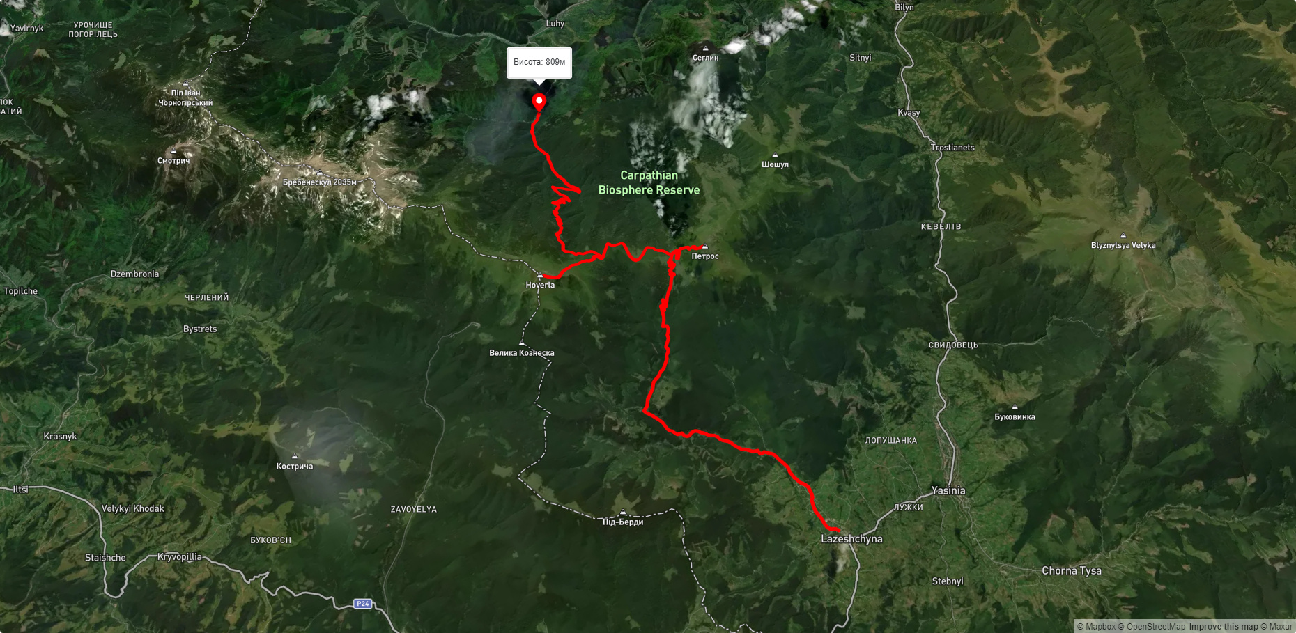 с. Лазещина, через г. Петрос, г. Говерла до с. Говерла