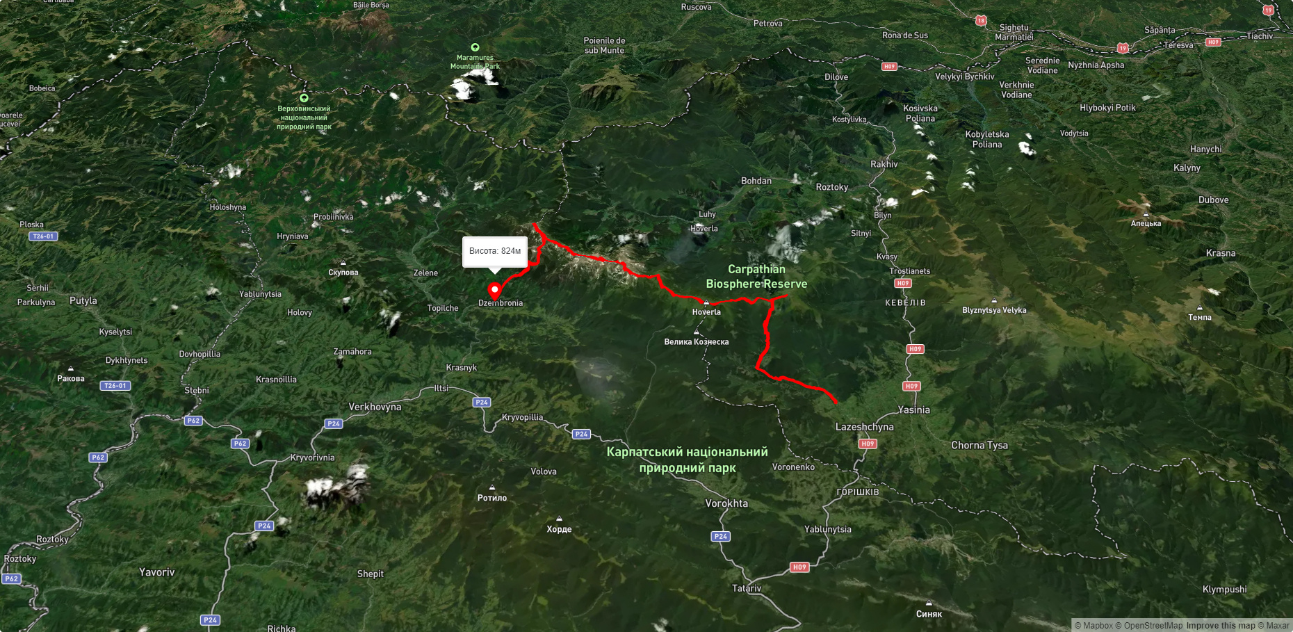 с. Лазещина, через г. Петрос, г. Говерла, г. Бребенескул, г. Піп Іван Чорногірський до с. Дземброня