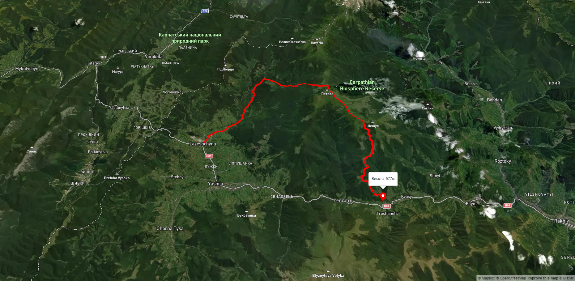 с. Лазещина, через г. Петрос, г. Шешул до с. Кваси