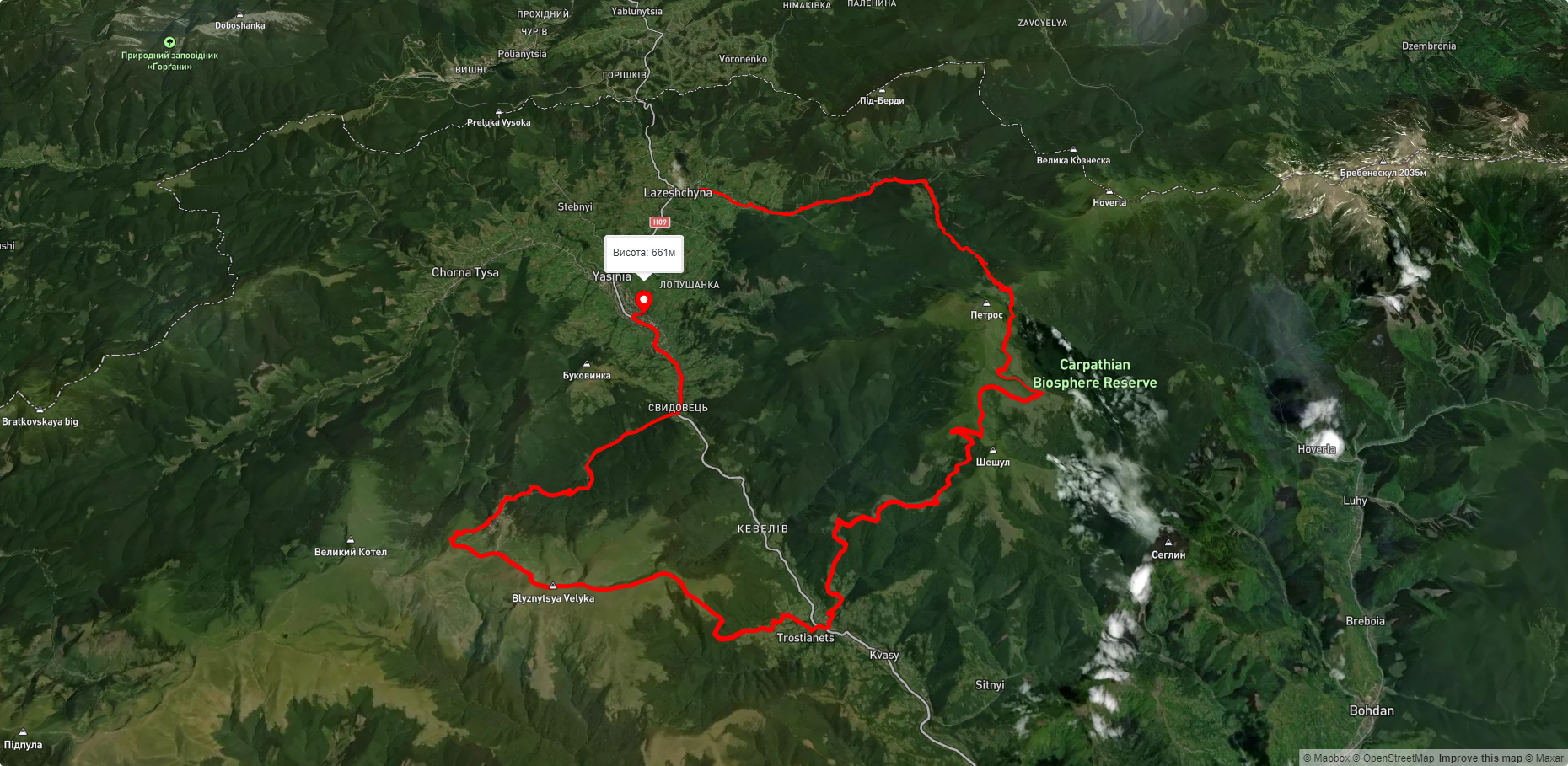 с. Лазещина, через г. Петрос, г. Шешул, с. Кваси, г. Близниця, г. Стіг до смт. Ясіня