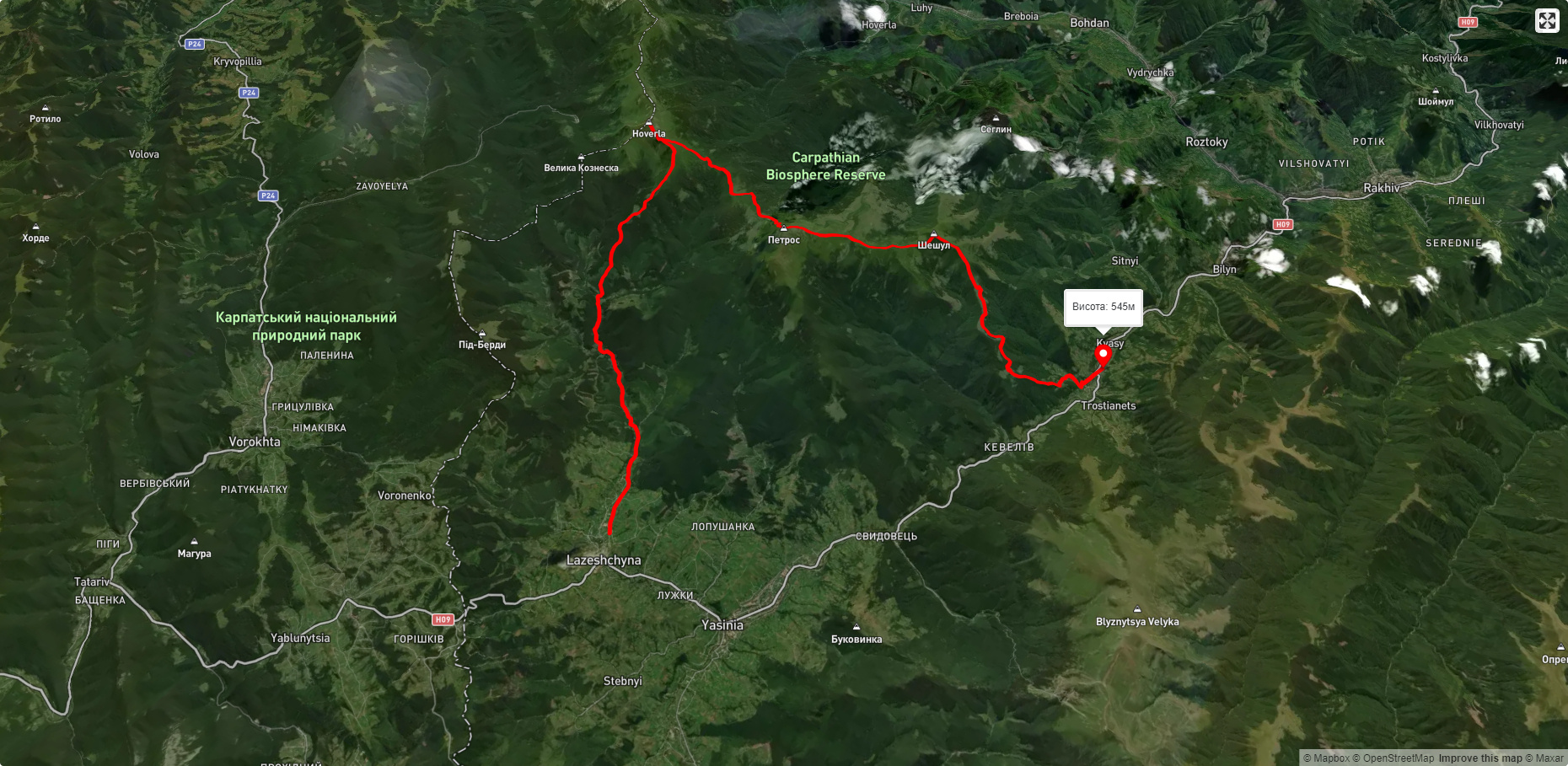 с. Лазещина, через Козьмещик, г. Говерла, г. Петрос до с. Кваси