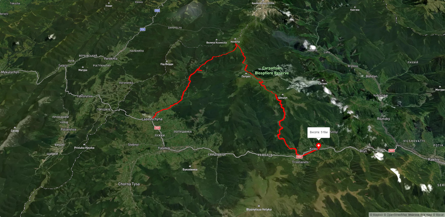 с. Лазещина, через Козьмещик, г. Говерла, г. Петрос до с. Кваси