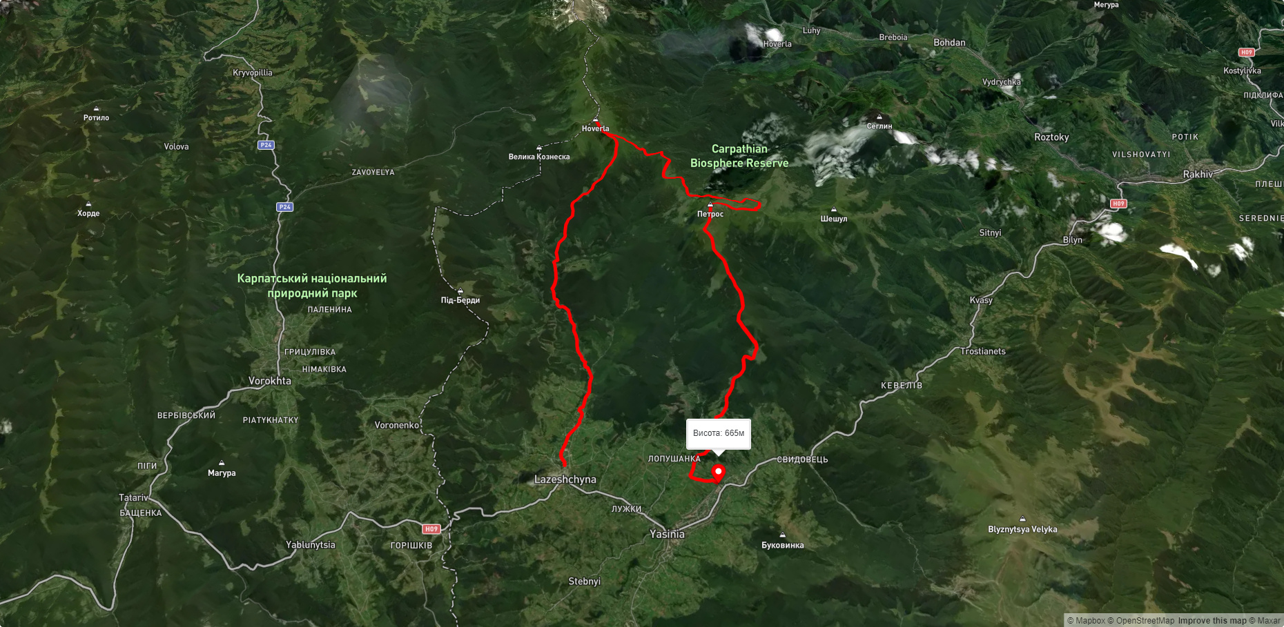с. Лазещина, через Козьмещик, г. Говерла, г. Петрос до смт. Ясіня