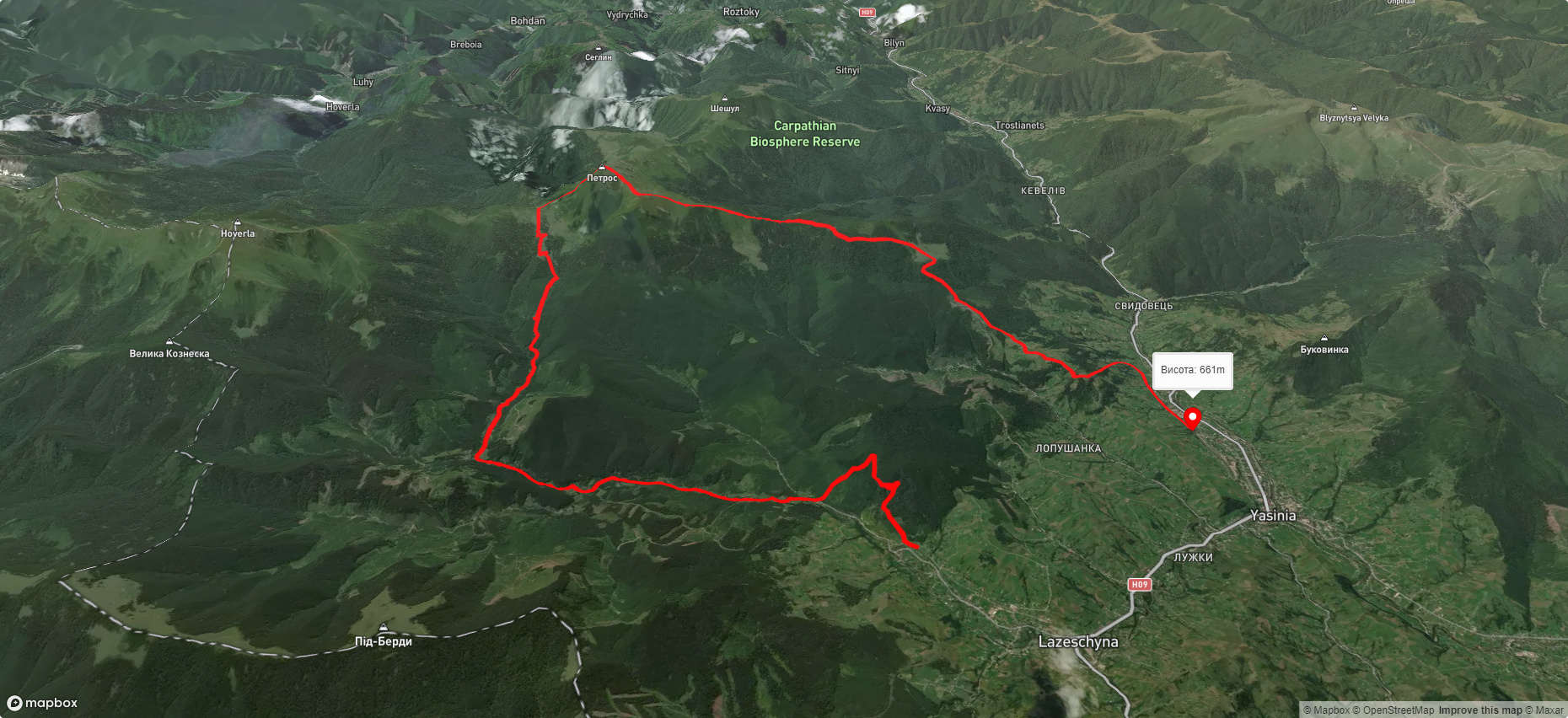 с. Лазещина, через Козьмещик, г. Петрос до смт. Ясіня