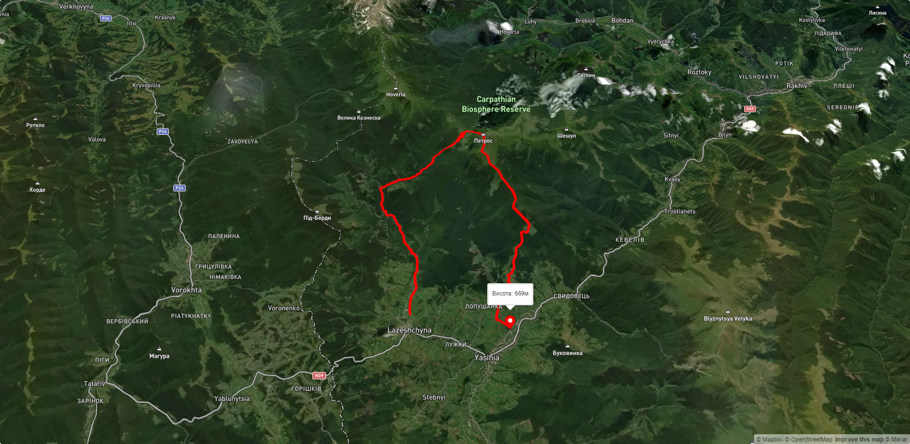 с. Лазещина, через Козьмещик, г. Петрос до смт. Ясіня