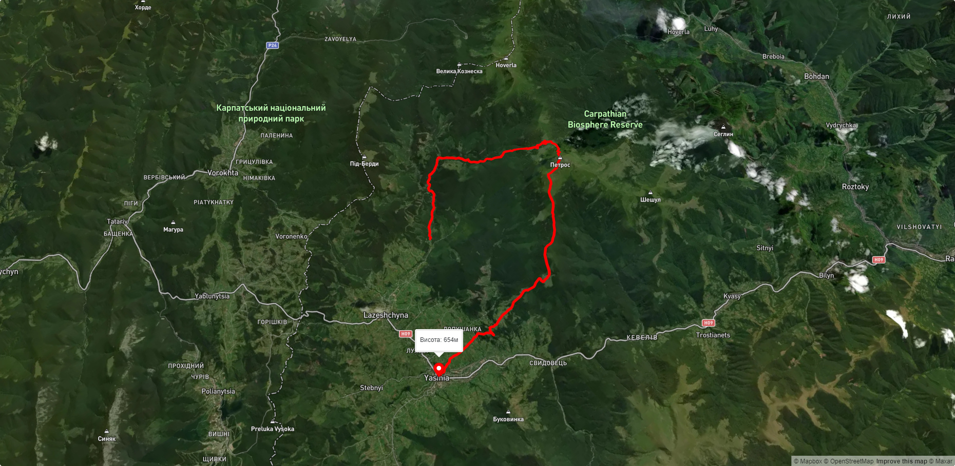 с. Лазещина, через Козьмещик, г. Петрос до смт. Ясіня