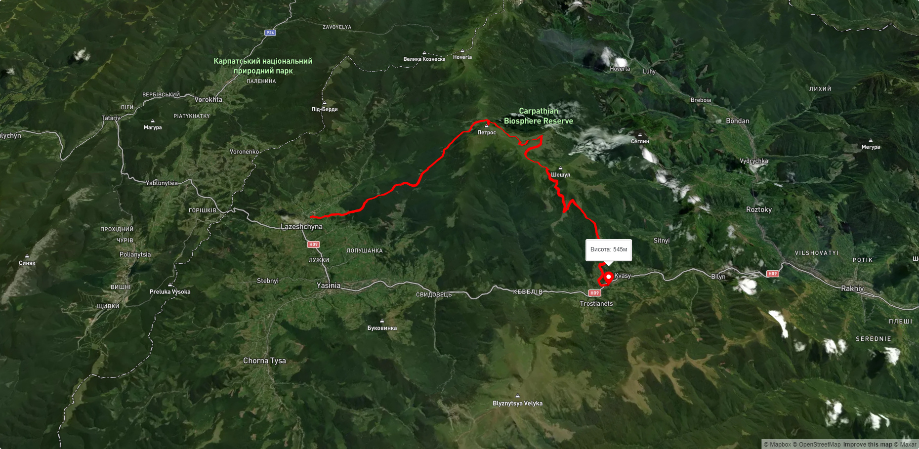 с. Лазещина, через Козьмещик, г. Петрос, г. Шешул до с. Кваси