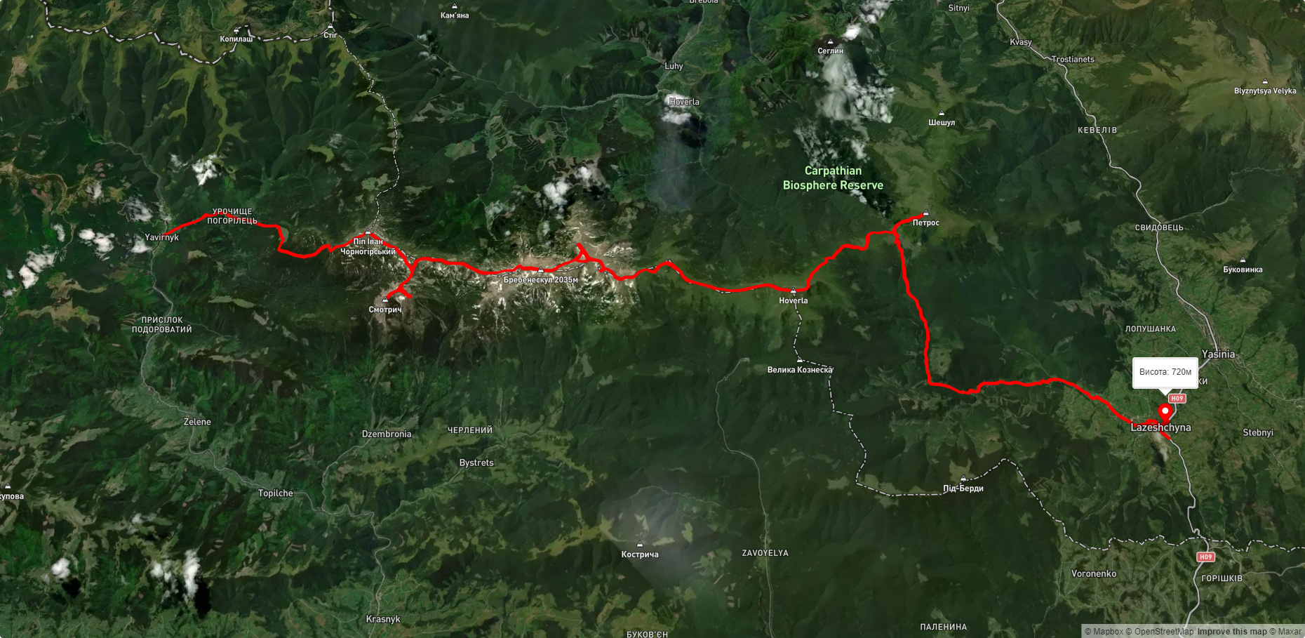 с. Лазещина, г. Петрос, г. Говерла, г. Дземброня, г. Смотрич, г. Піп Іван Чорногірський до с. Шибене