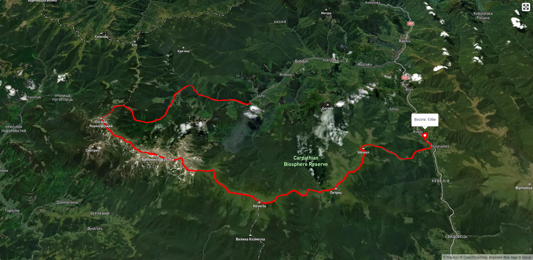 с. Луги, через г. Піп Іван Чорногірський, г. Говерла, г. Петрос до с. Кваси