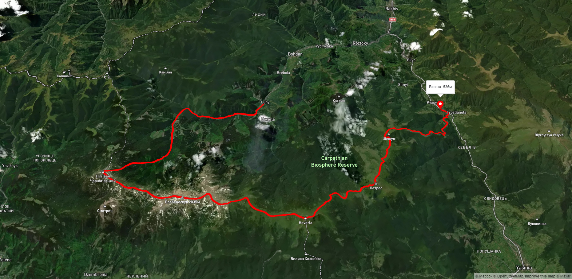 с. Луги, через г. Піп Іван Чорногірський, г. Говерла, г. Петрос, г. Шешул до с. Кваси