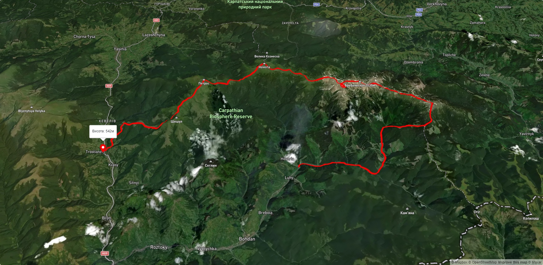 с. Луги, через г. Піп Іван Чорногірський, г. Ребра, г. Говерла, г. Петрос, г. Шешул до с. Кваси